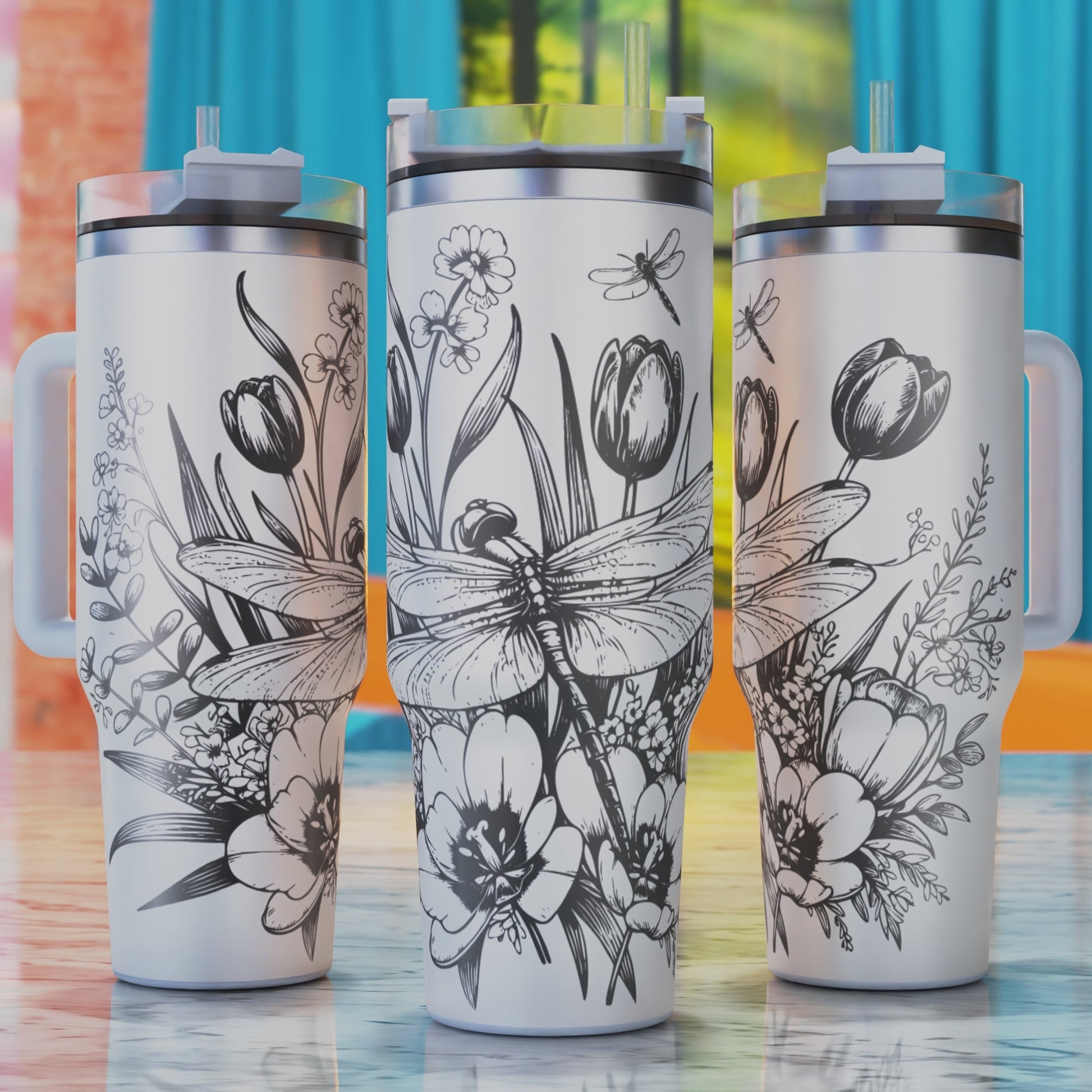 Dragonflies Tulips and Blooming Wildflowers SVG – 40oz tumbler engraving SVG design, perfect for dragonflies, tulips, and blooming wildflowers.