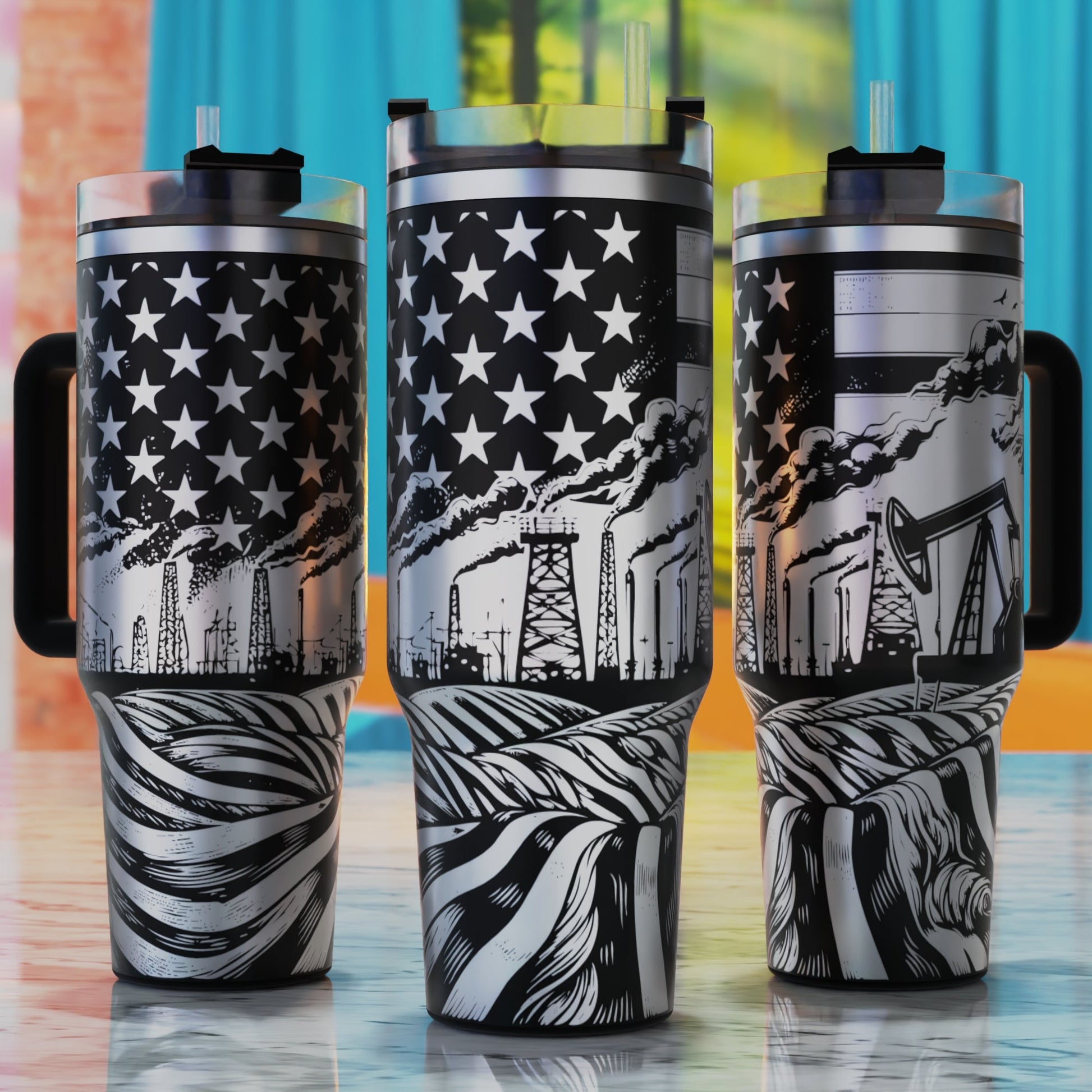 Oilfield Industry SVG – digital engraving design file for 40oz tumblers, perfect for patriotic and blue‑collar oilfield themes.