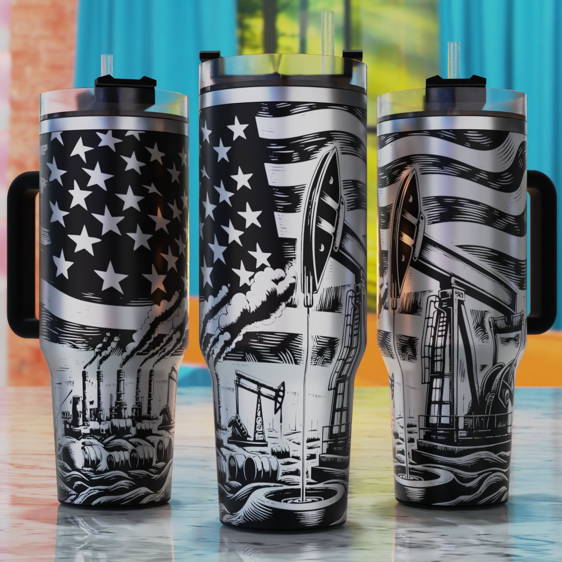 Oil Pump Jack SVG – digital engraving design file for 40oz tumblers, perfect for American pride and oilfield scenes.