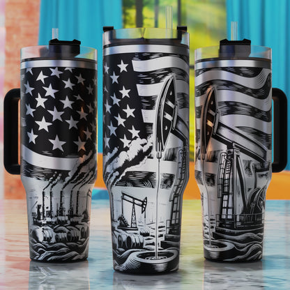 Oil Pump Jack SVG – digital engraving design file for 40oz tumblers, perfect for American pride and oilfield scenes.