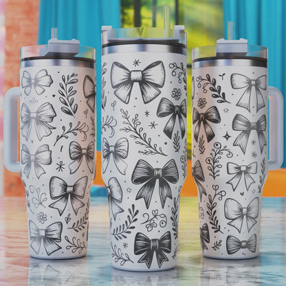 Coquette Bows SVG – digital engraving design file for 40oz tumblers, perfect for feminine floral and romantic ribbon themes.
