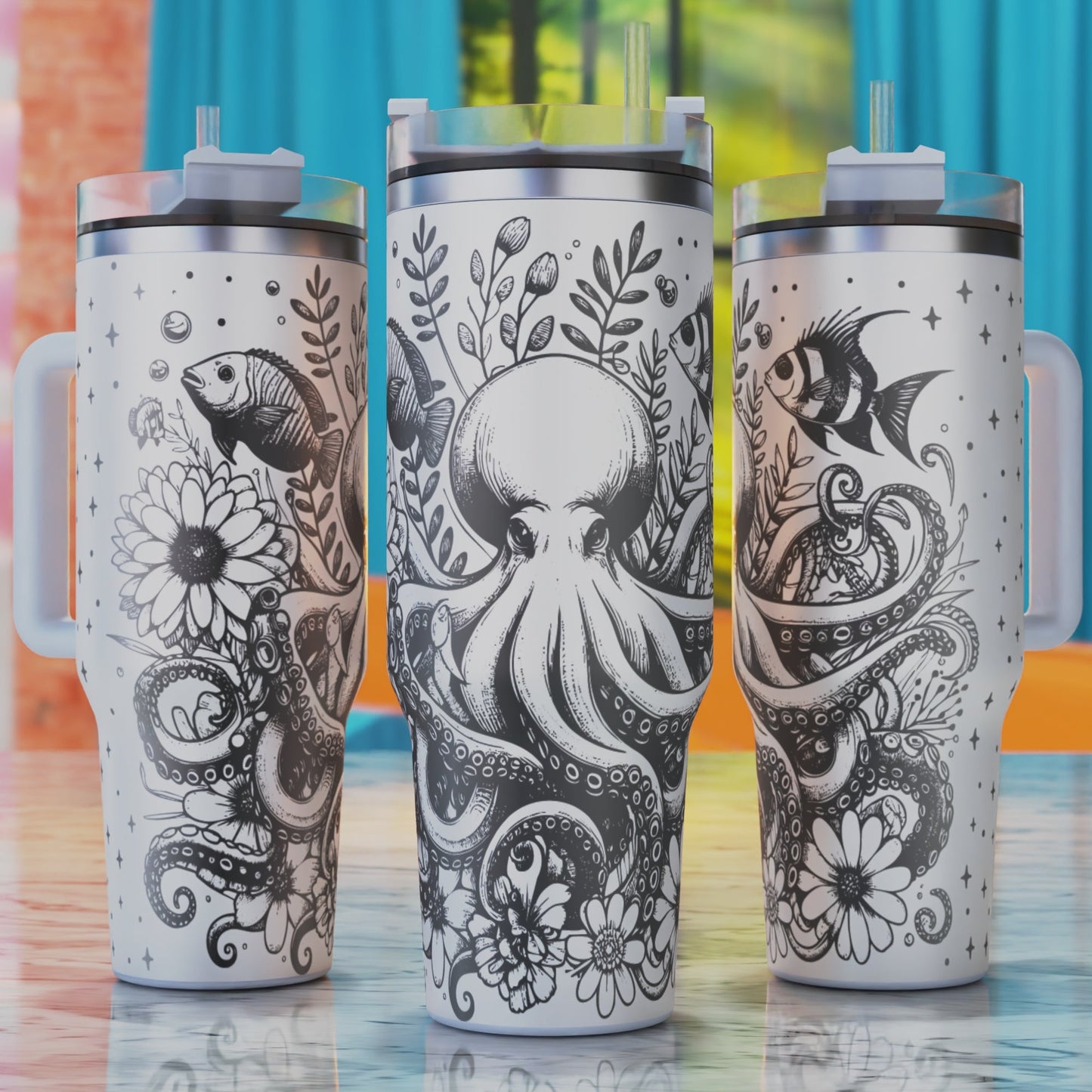 Octopus Floral SVG – digital engraving design file for 40oz tumblers, perfect for ocean‑meets‑botanical floral themes.