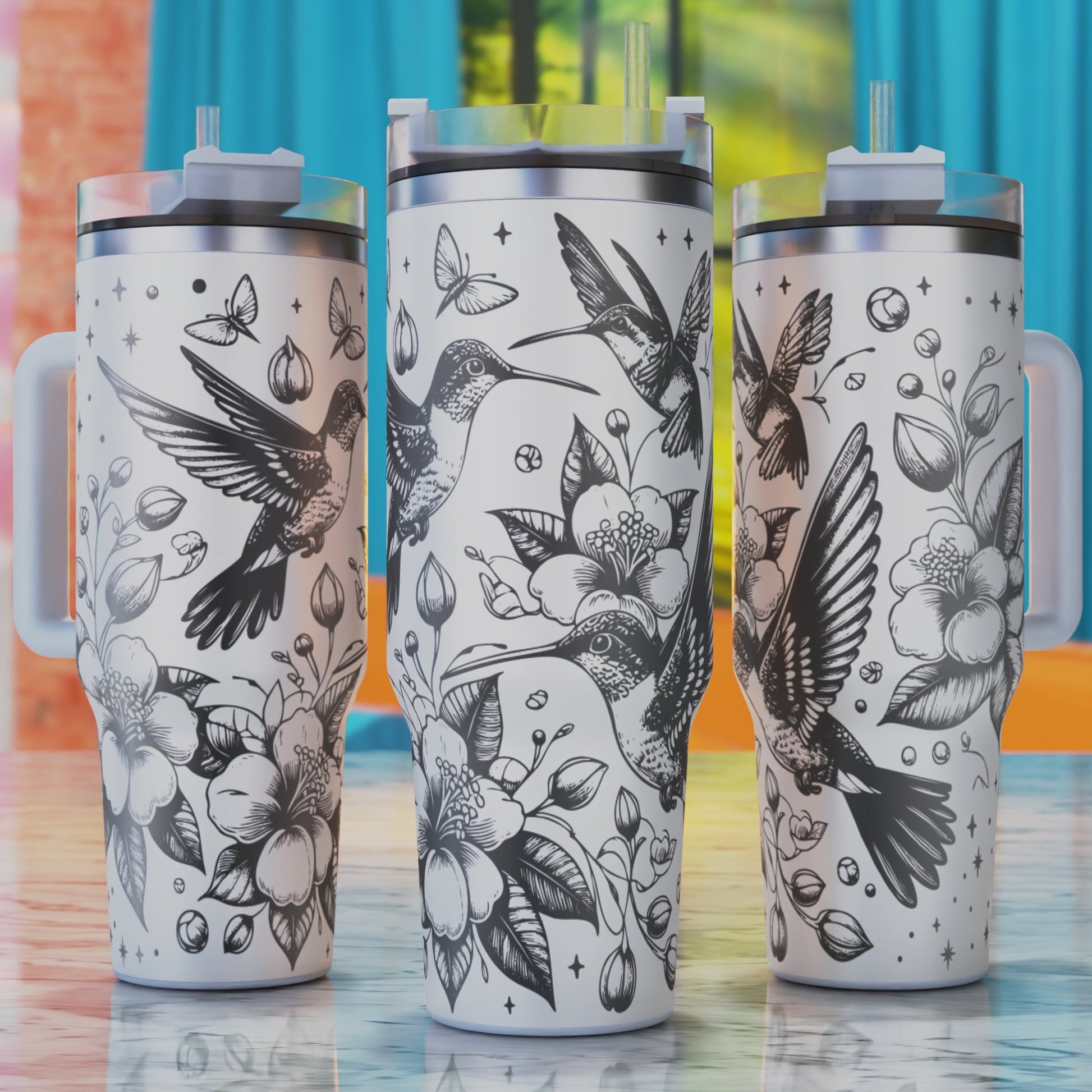 Hummingbird Floral SVG – digital engraving design file for 40oz tumblers, perfect for botanical, nature, and bird lover themes.