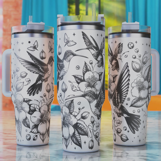 Hummingbird Floral SVG – digital engraving design file for 40oz tumblers, perfect for botanical, nature, and bird lover themes.