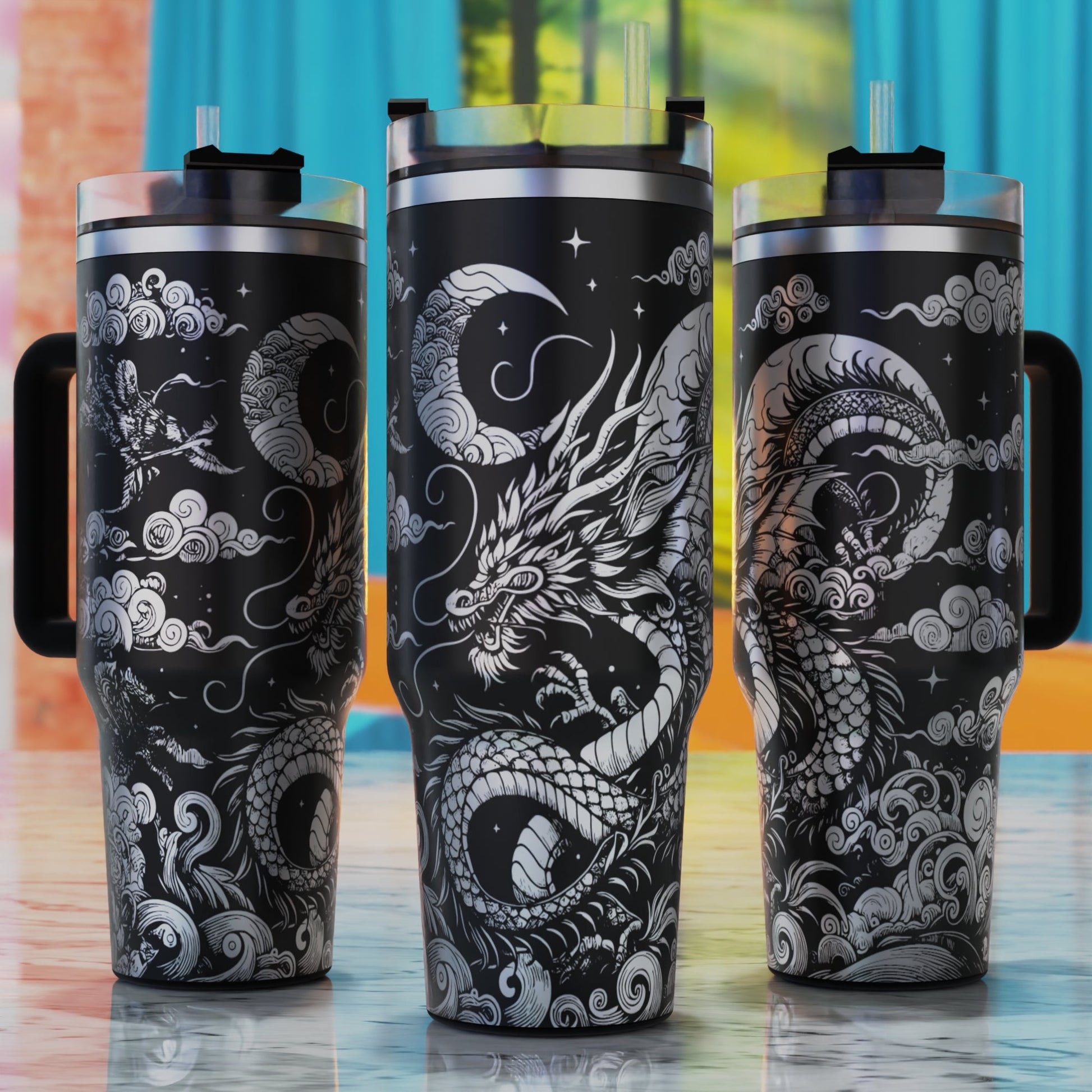Eastern Dragon SVG – digital engraving design file for 40oz tumblers, perfect for celestial fantasy and mythology themes.