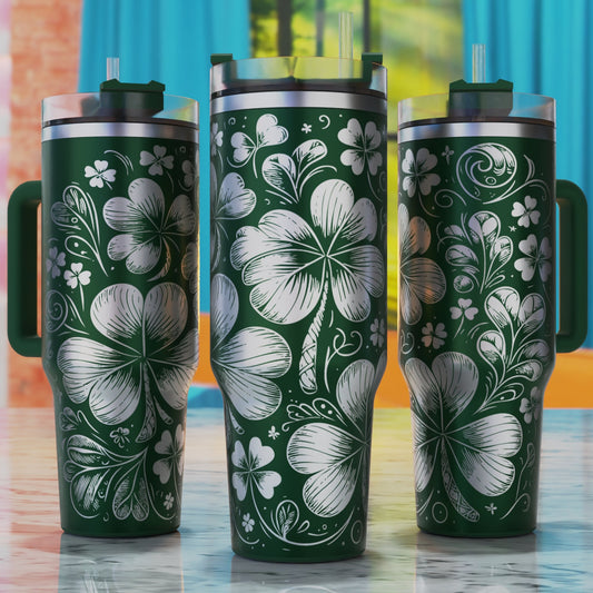 Shamrock Clover SVG – digital engraving design file for 40oz tumblers, perfect for St. Patrick’s Day and Irish lucky themes.
