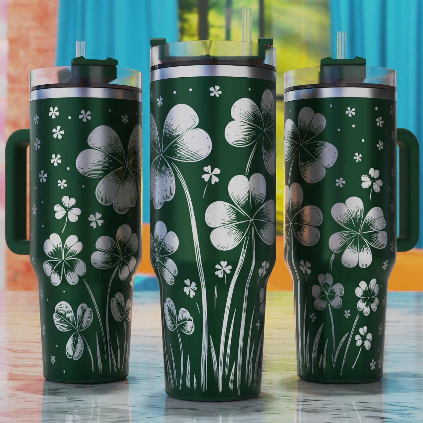 Classic Shamrocks SVG – digital engraving design file for 40oz tumblers, perfect for botanical and St. Patrick’s Day themes.