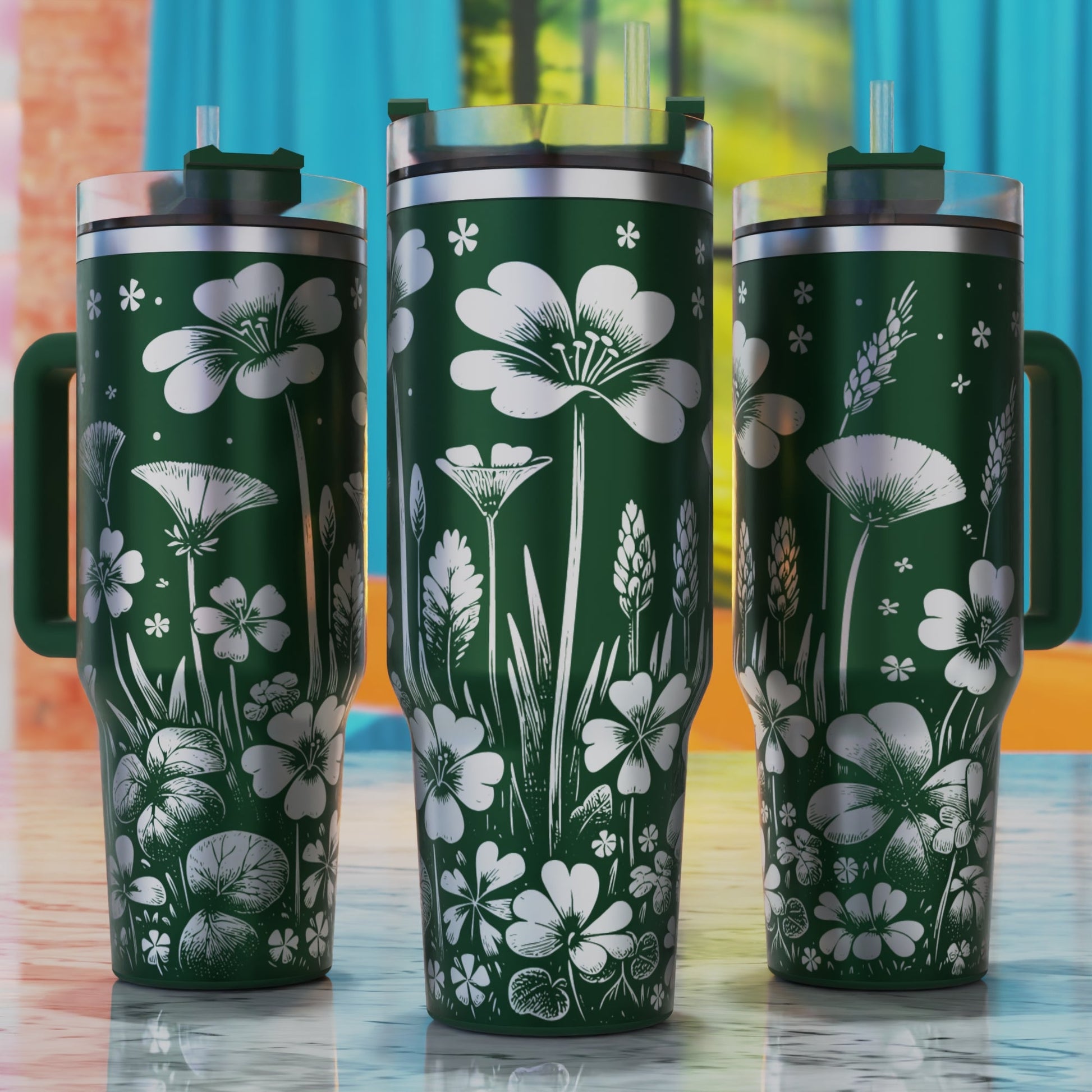 Wild Meadow Clover SVG – digital engraving design file for 40oz tumblers, perfect for floral, spring, and St. Patrick’s Day themes.