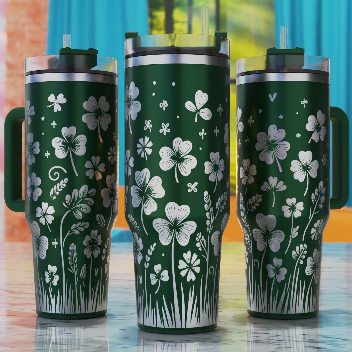 Botanical Clover Garden SVG – digital engraving design file for 40oz tumblers, perfect for Celtic-inspired botanical and festive designs.