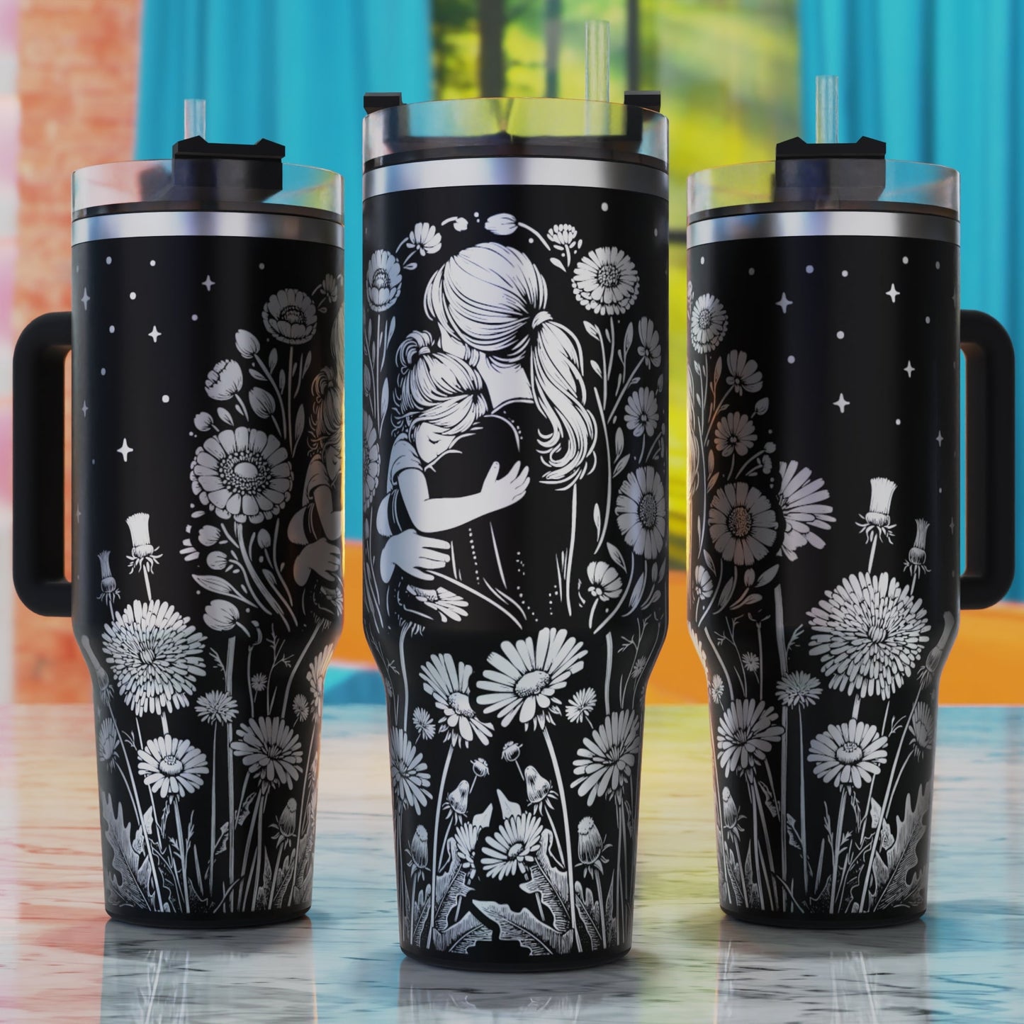 Mother and Daughter Floral SVG – digital engraving design file for 40oz tumblers, perfect for family love and motherhood themes.