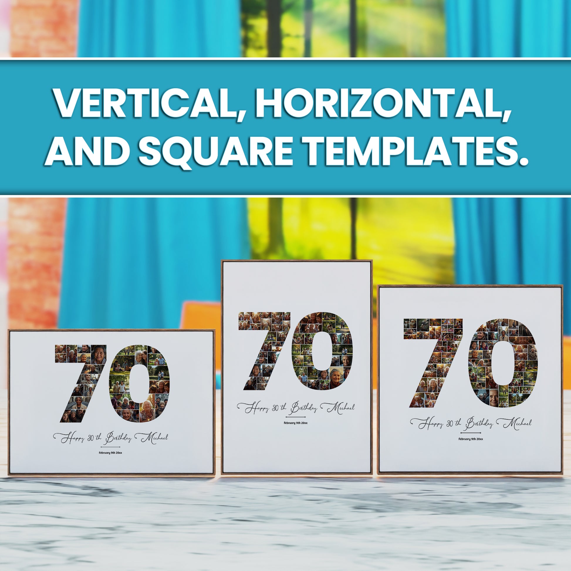 70th birthday number photo collage printable, editable Canva template, personalized milestone birthday poster with custom photos, wall art gift design