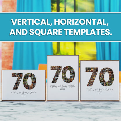 70th birthday number photo collage printable, editable Canva template, personalized milestone birthday poster with custom photos, wall art gift design