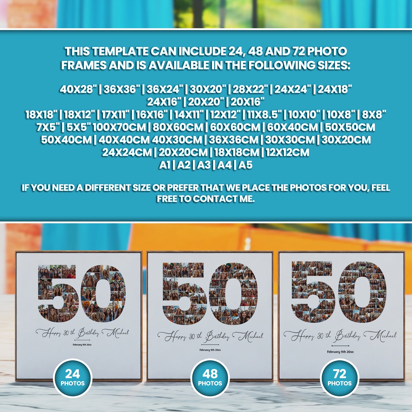 50th birthday number photo collage printable, editable Canva template with 24, 48, and 72 photo layouts, personalized milestone birthday poster design, instant download wall art gift