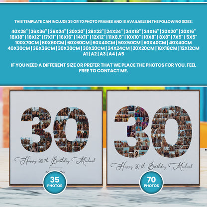 30th Birthday Photo Collage Template – Editable Canva Number Poster, Drag & Drop Picture Collage, Personalized 30th Birthday Gift