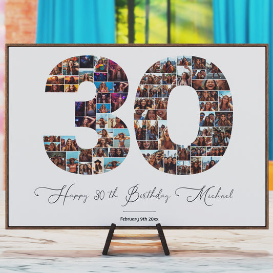 30th Birthday Photo Collage Template – Editable Canva Number Poster, Drag & Drop Picture Collage, Personalized 30th Birthday Gift