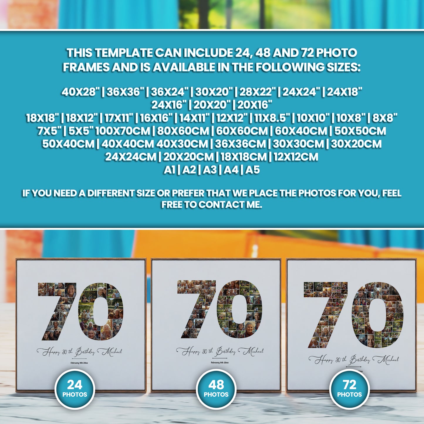 70th birthday number photo collage printable, editable Canva template, personalized milestone birthday poster with custom photos, wall art gift design