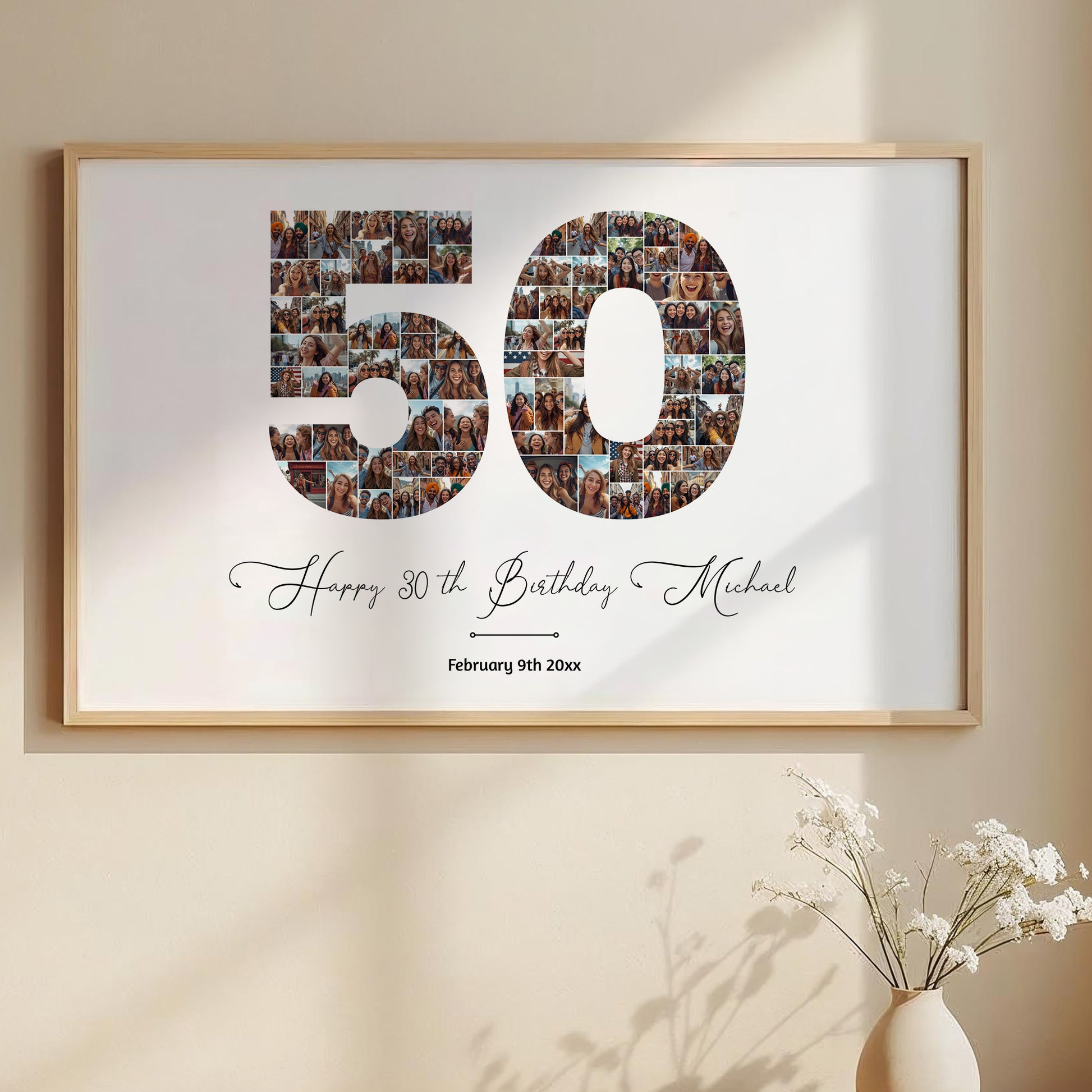 50th birthday number photo collage printable, editable Canva template with 24, 48, and 72 photo layouts, personalized milestone birthday poster design, instant download wall art gift