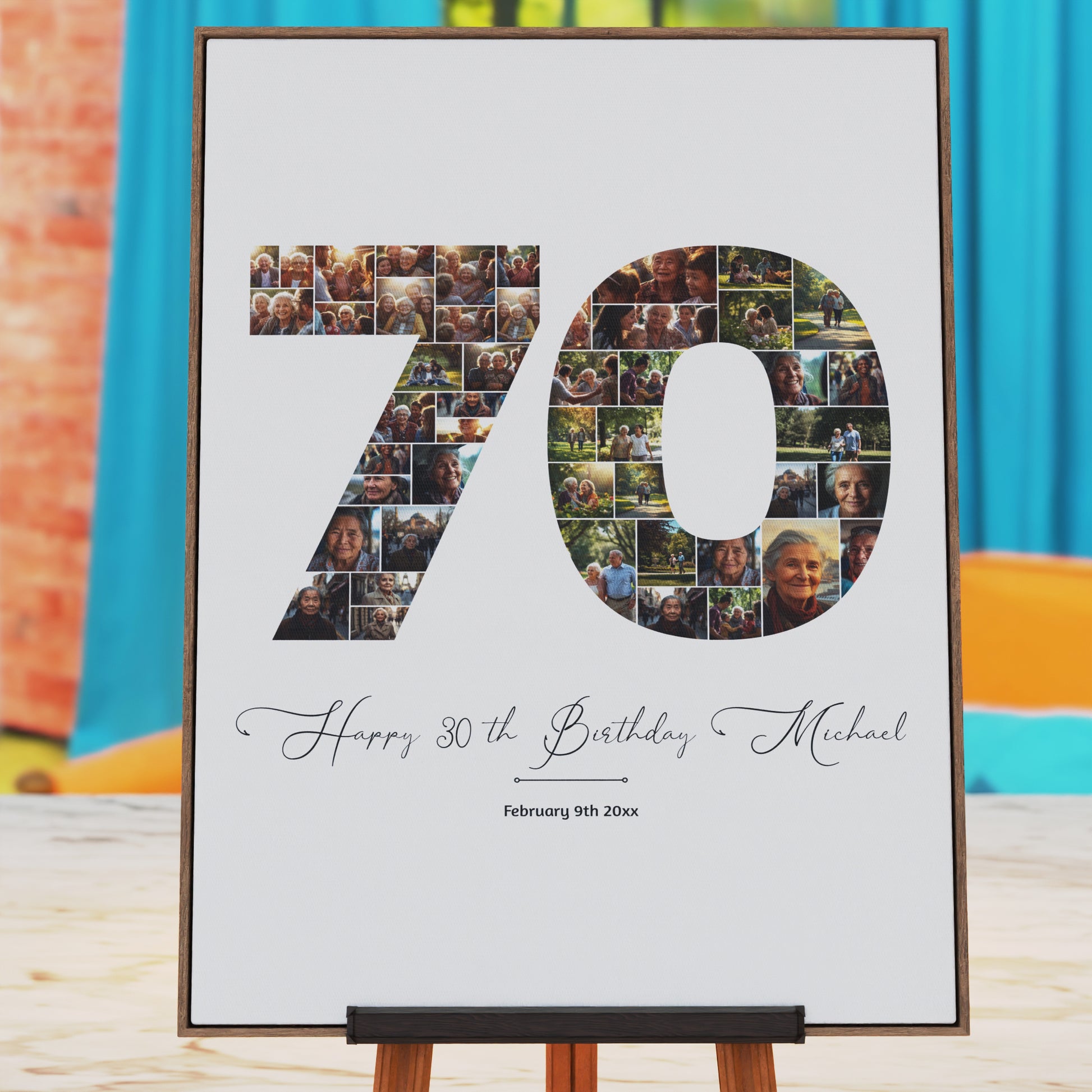70th birthday number photo collage printable, editable Canva template, personalized milestone birthday poster with custom photos, wall art gift design