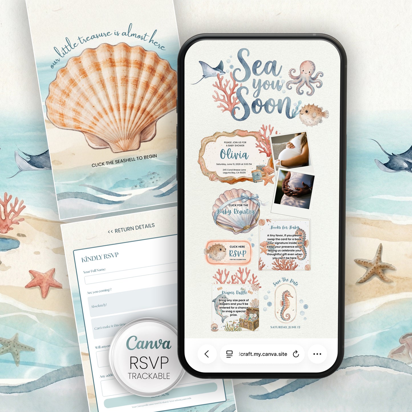Seashell-themed baby shower invitation on a phone screen with Canva branding.