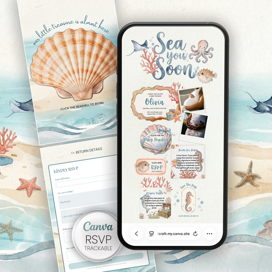 Seashell-themed baby shower invitation on a phone screen with Canva branding.