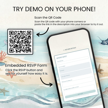 Phone with RSVP form on screen against a beach-themed background with QR code and text.