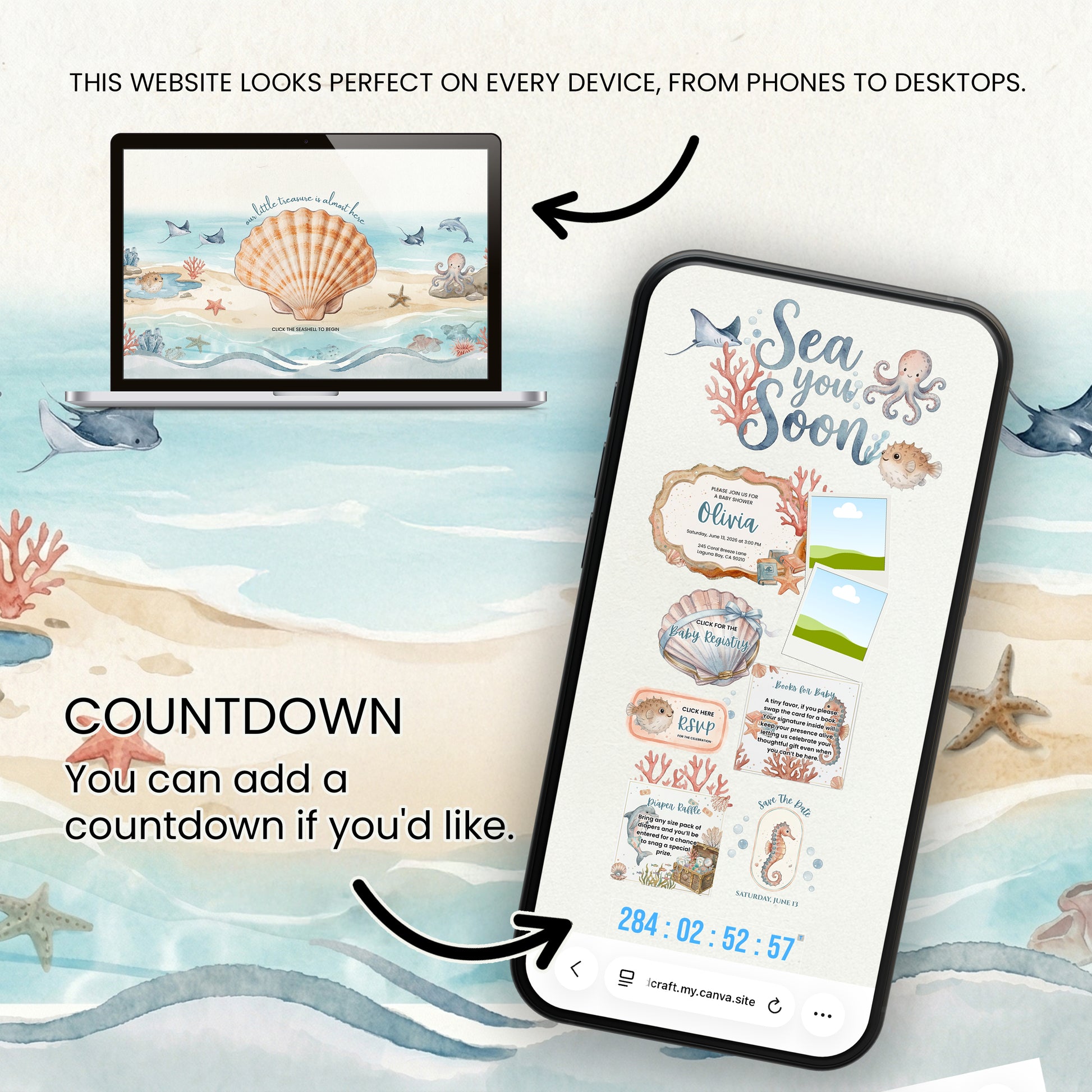 Phone and laptop displaying a beach-themed website with countdown timer on a beach background
