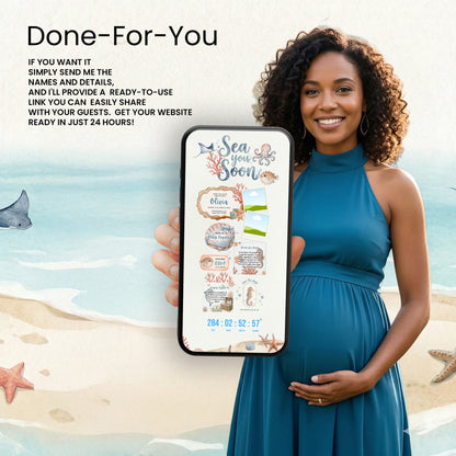 Pregnant woman holding a phone with a beach-themed app interface, with text about customizable services.