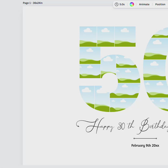 50th birthday number photo collage printable, editable Canva template with 24, 48, and 72 photo layouts, personalized milestone birthday poster design, instant download wall art gift