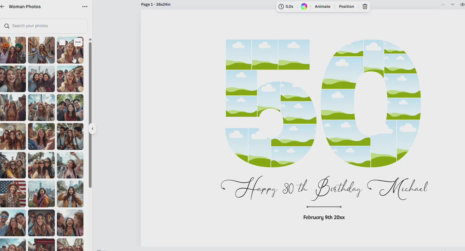 50th birthday number photo collage printable, editable Canva template with 24, 48, and 72 photo layouts, personalized milestone birthday poster design, instant download wall art gift