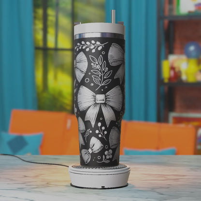 Coquette Bows with Line Art Floral Laser Engraving Template for 40oz Tumbler