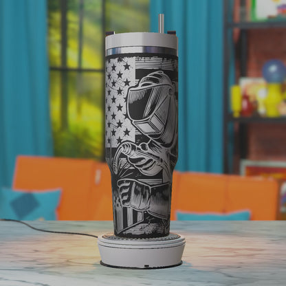 Welder with American Flag Background Laser Engraving Pattern for Tumblers