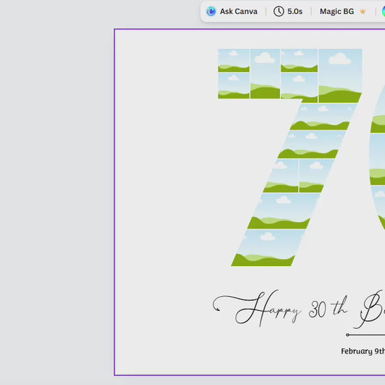 70th birthday number photo collage printable, editable Canva template, personalized milestone birthday poster with custom photos, wall art gift design