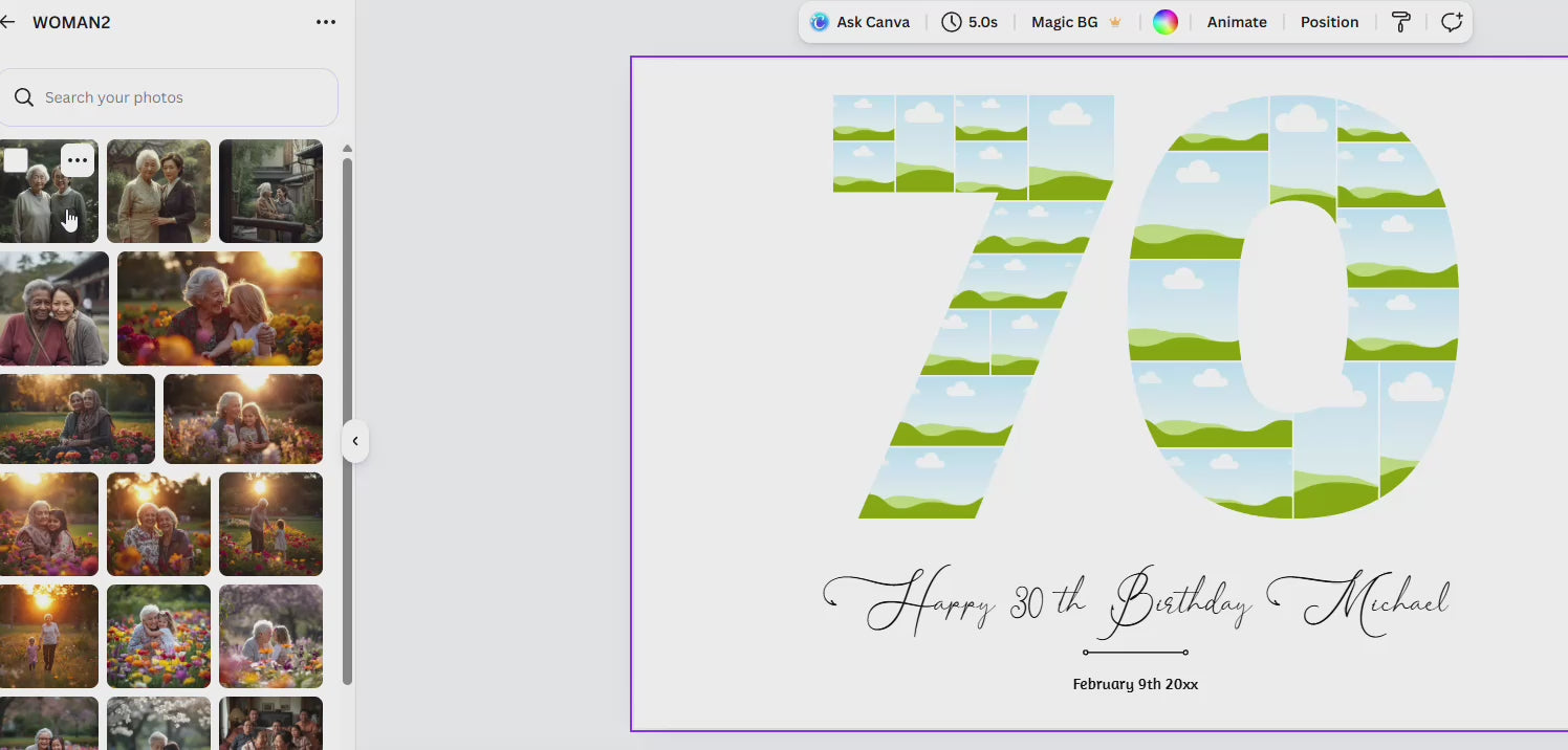 70th birthday number photo collage printable, editable Canva template, personalized milestone birthday poster with custom photos, wall art gift design