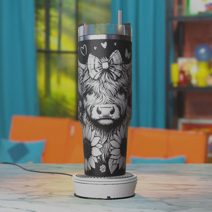 Highland Cow With Flowers 40oz Tumbler Svg, Pumpkin Svg Laser Engraving, 40oz Tumbler Laser Svg, 40oz Tumbler Wrap Designs
