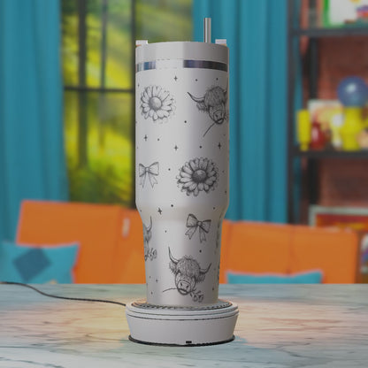 Highland Cow Floral Laser Engraving SVG for 40oz Tumbler – Daisy and Bow Line Art Country Design